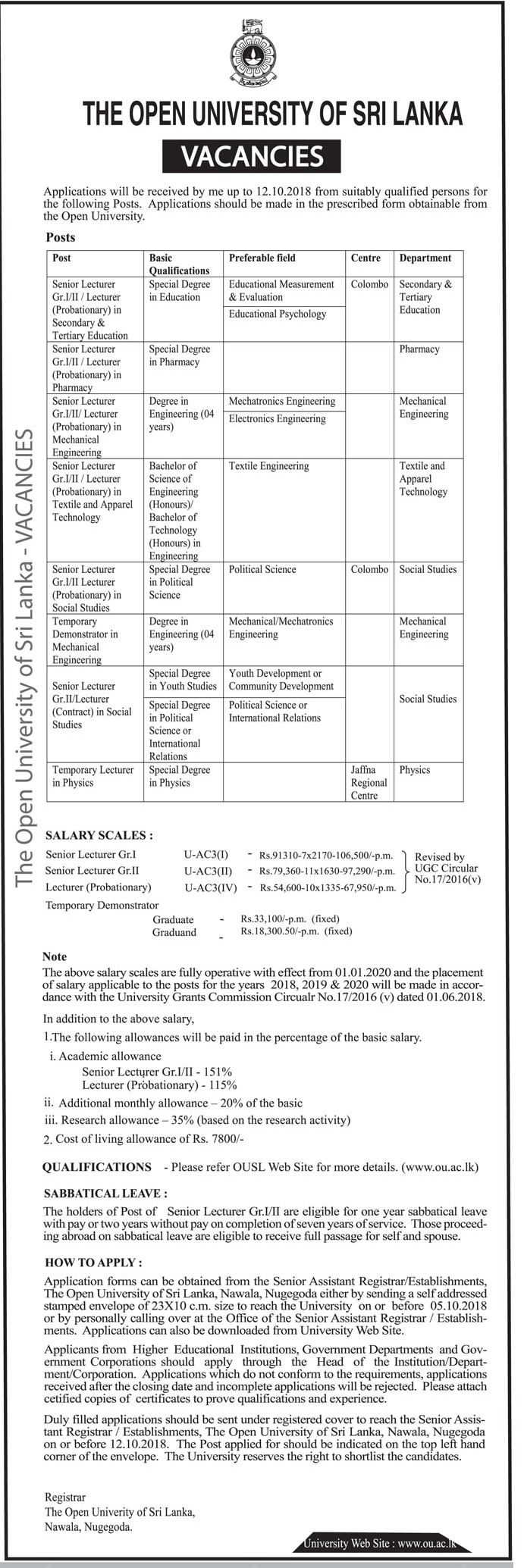 Senior Lecturer, Lecturer, Temporary Demonstrator in Mechanical Engineering - The Open University of Sri Lanka